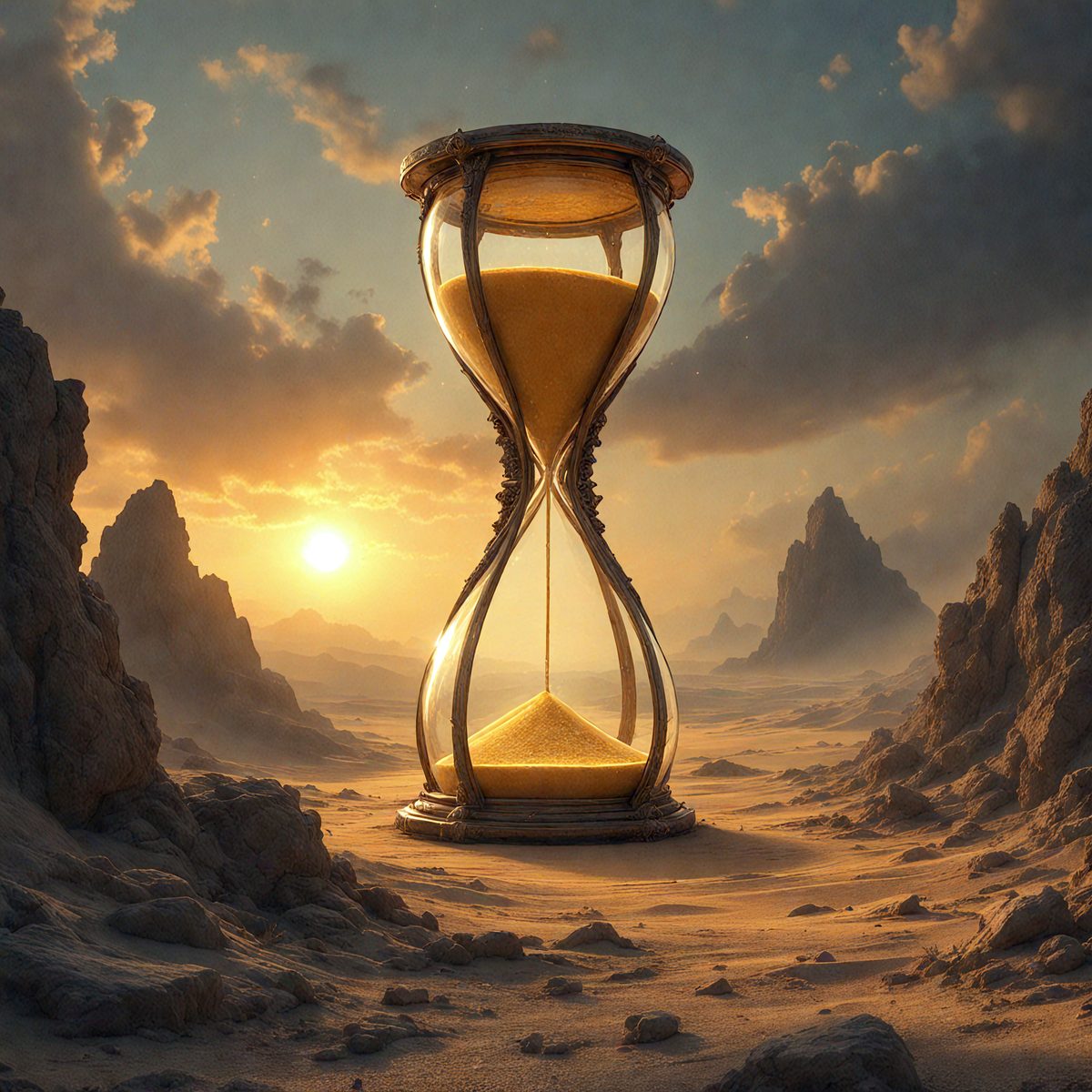 The primary subject of the image is a large, golden hourglass. The setting is a desert landscape, with a rocky surface and a backdrop of a sunset. The visual style is a digital art, creating a surreal and dreamy atmosphere. The colors are predominantly warm and earthy tones, with the golden hourglass standing out against the rocky desert backdrop.